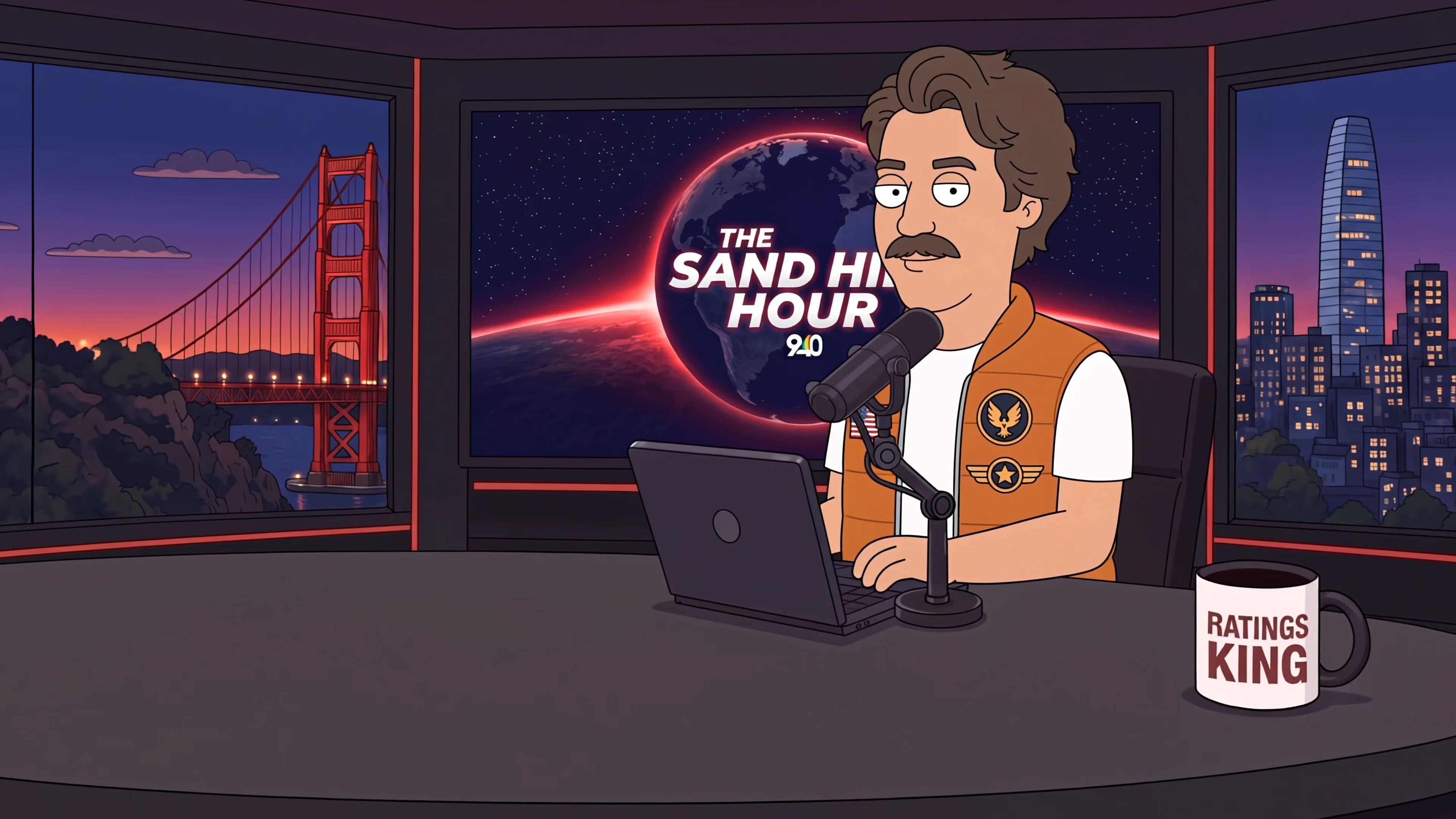 Rex reading at the desk, laptop open, the Sand Hill Hour globe behind him