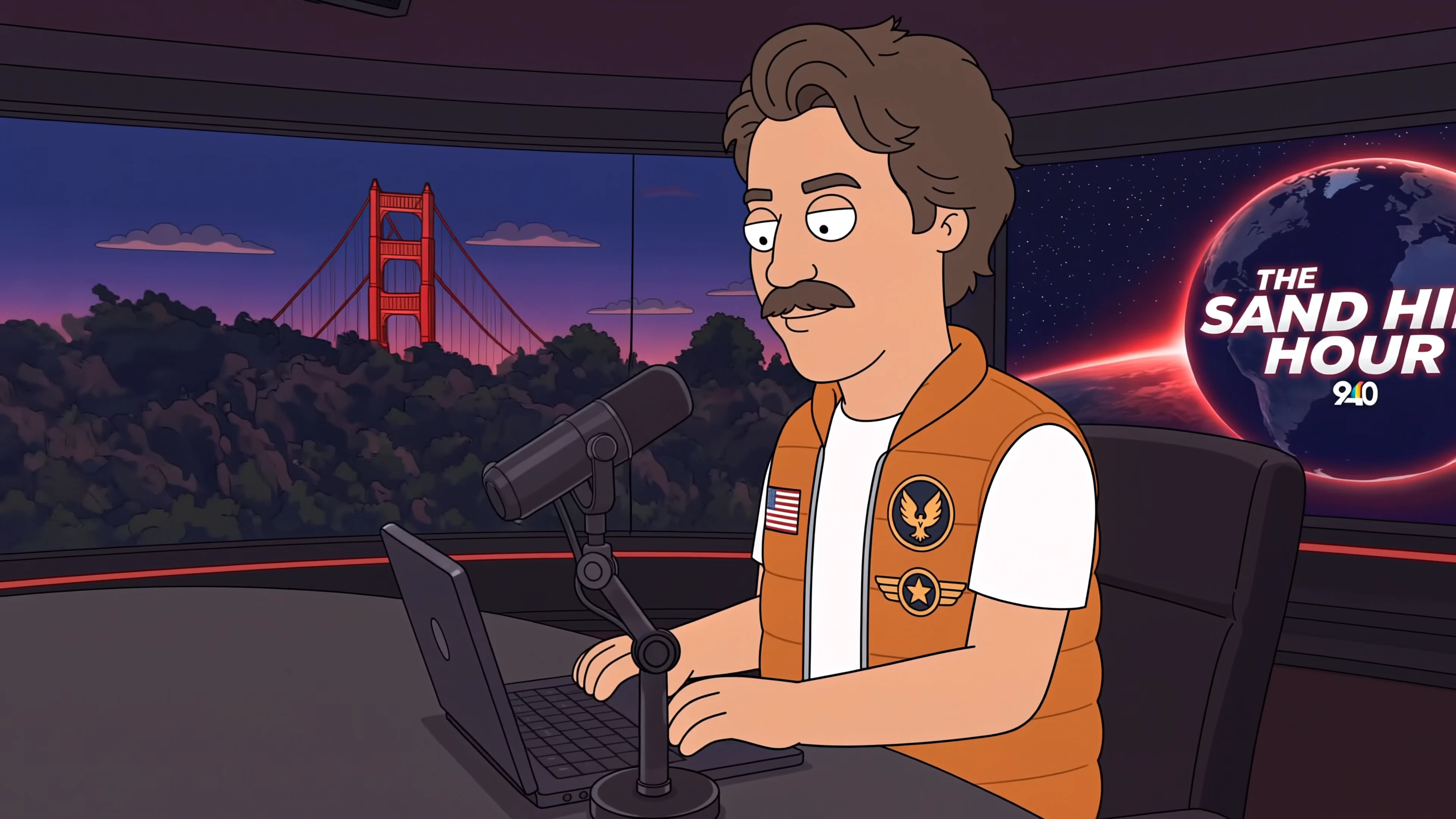 Rex at the desk in his orange vest, flag and wing patches on the chest