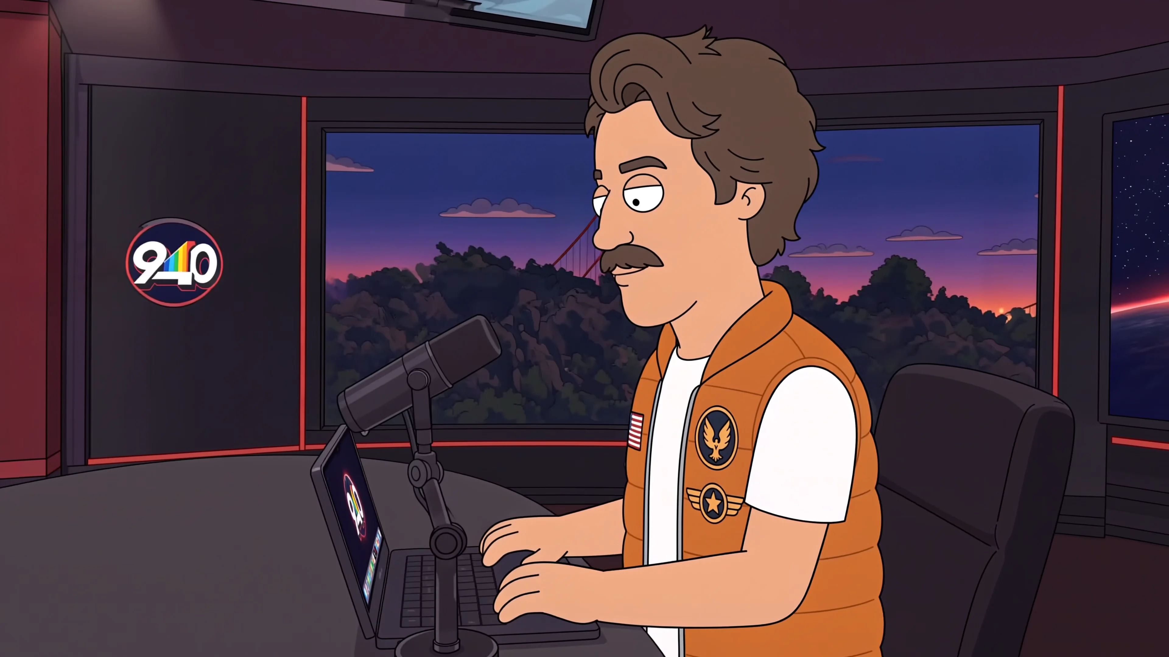 The desk microphone on its boom arm in front of Rex