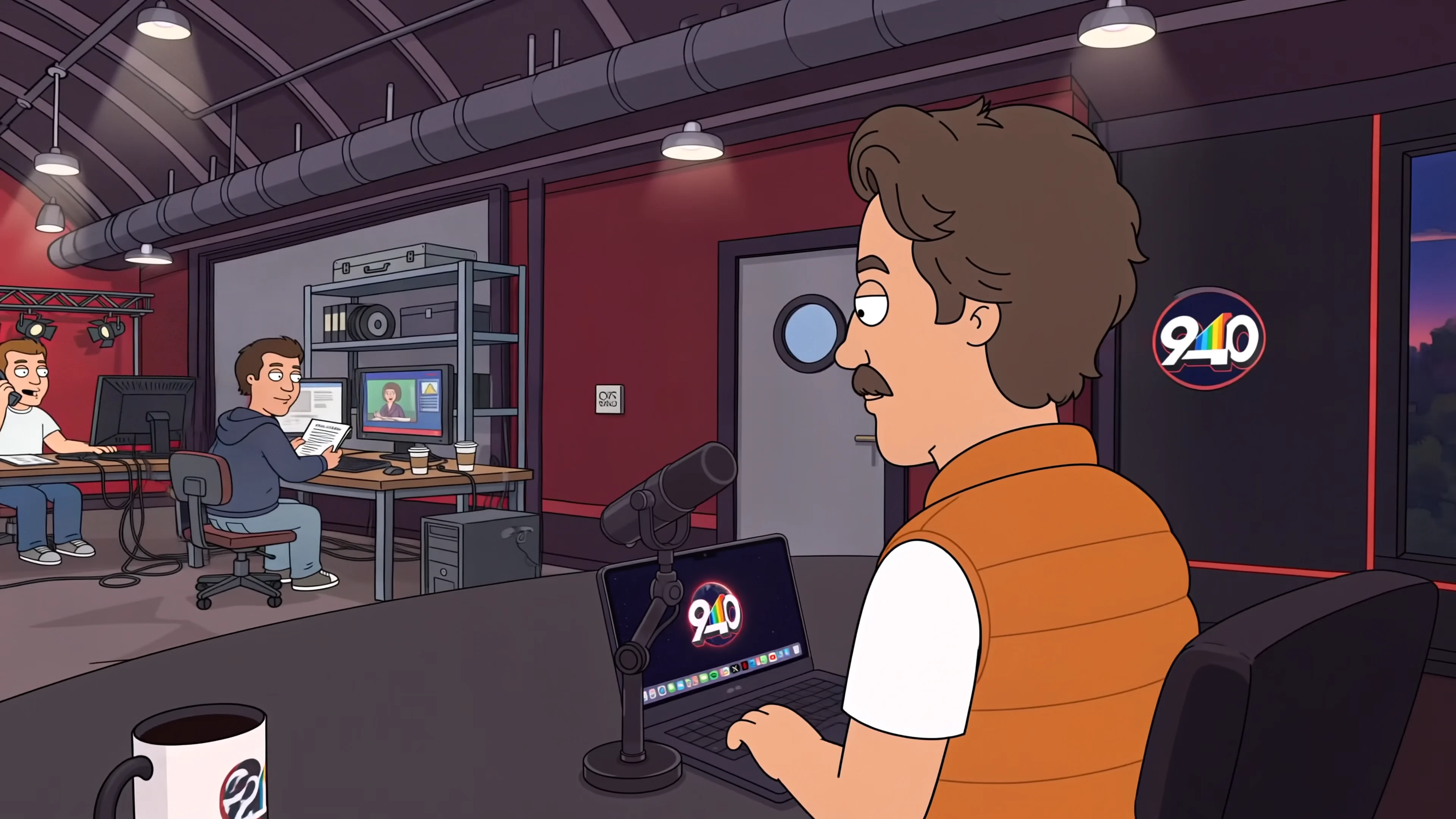 Studio 940 over Rex's shoulder: orange vest, desk mic, 940 mug and laptop dock, the newsroom behind