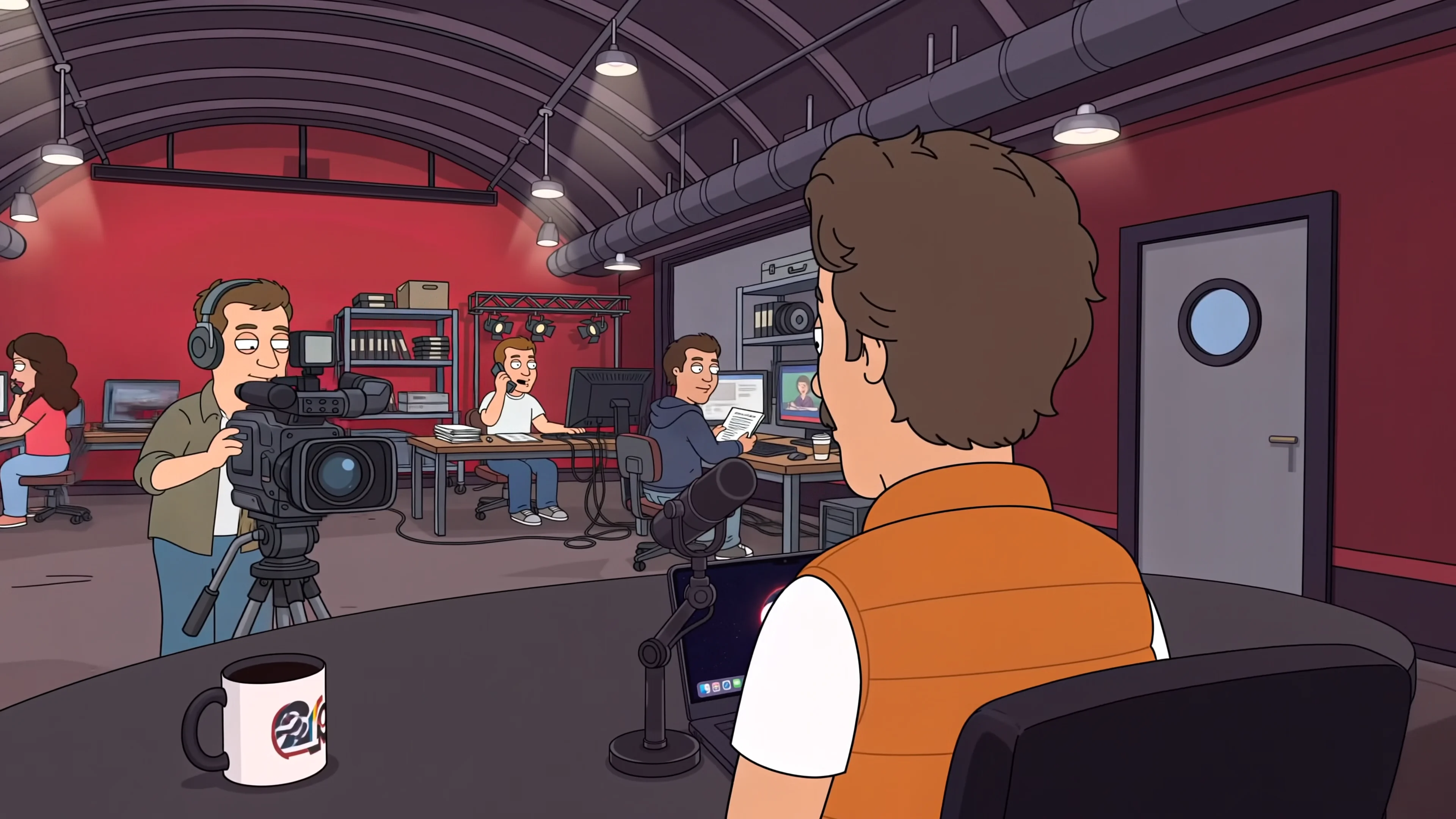 The newsroom behind Rex: camera operator, producers at their desks, portholed door