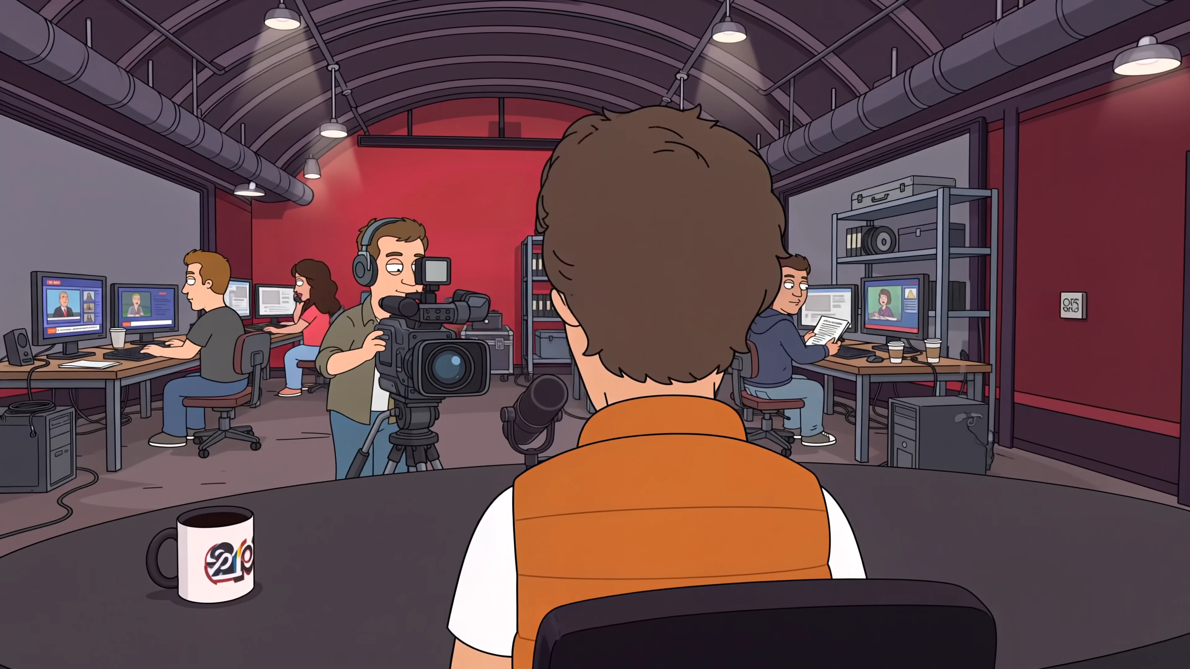 The newsroom from behind Rex's chair: camera operator and producers at work