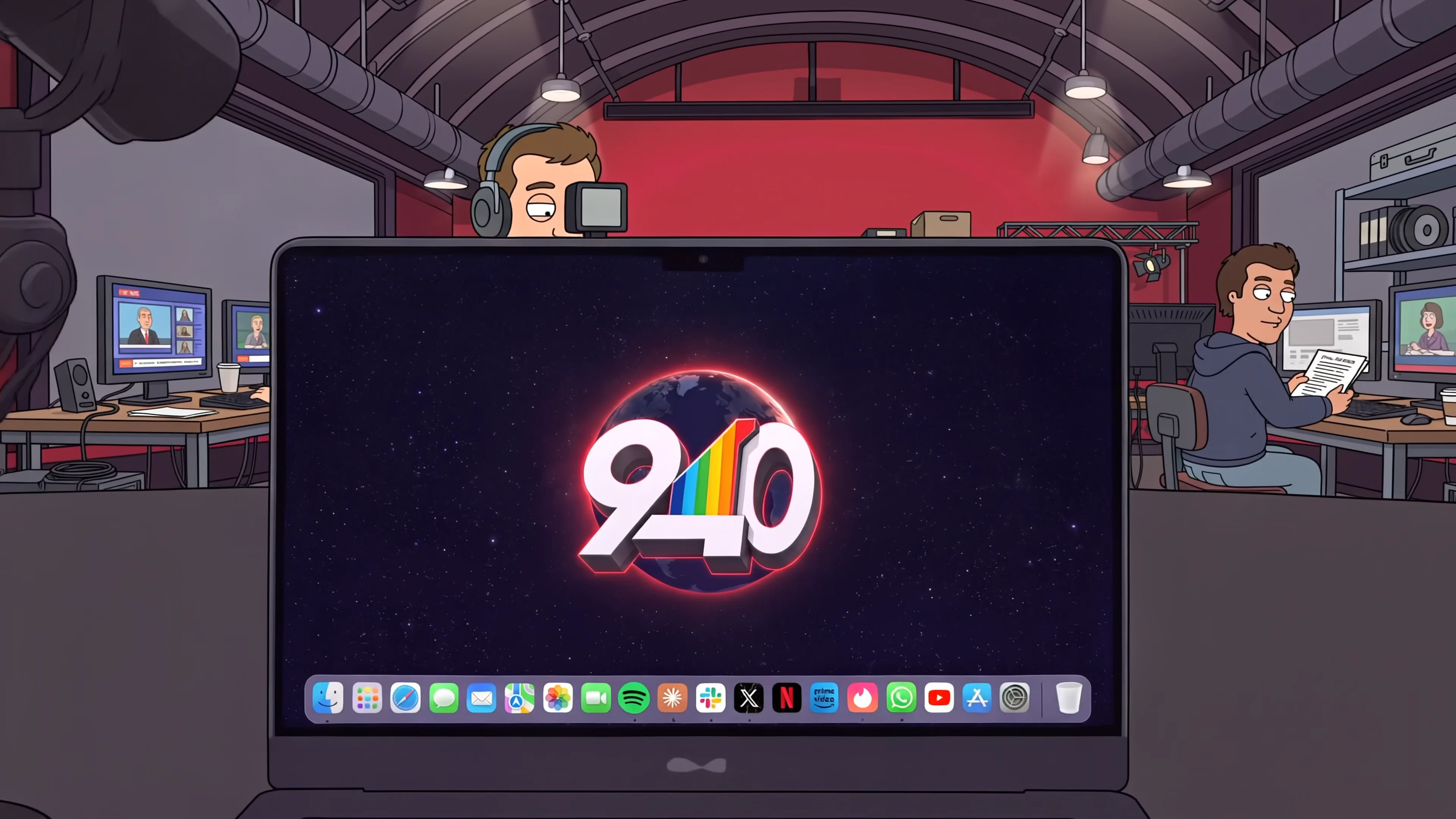The 940 desktop on Rex's laptop, the newsroom behind it